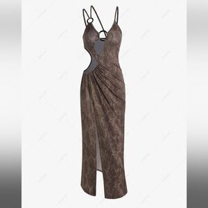 Snakeskin O Ring Cut Out Thigh Split Dress | Deep Coffee